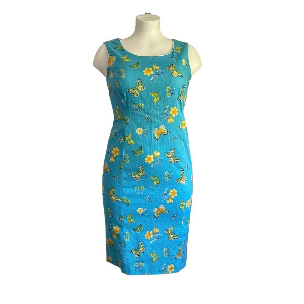 Cappagallo Blue Butterfly & Flower Dress: 90s, Y2K